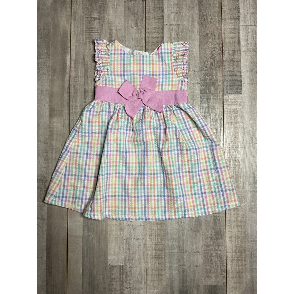 Penelope Mack Girls Pastel Rainbow Plaid Seersucker Dress Purple Bow Eyelet Trim